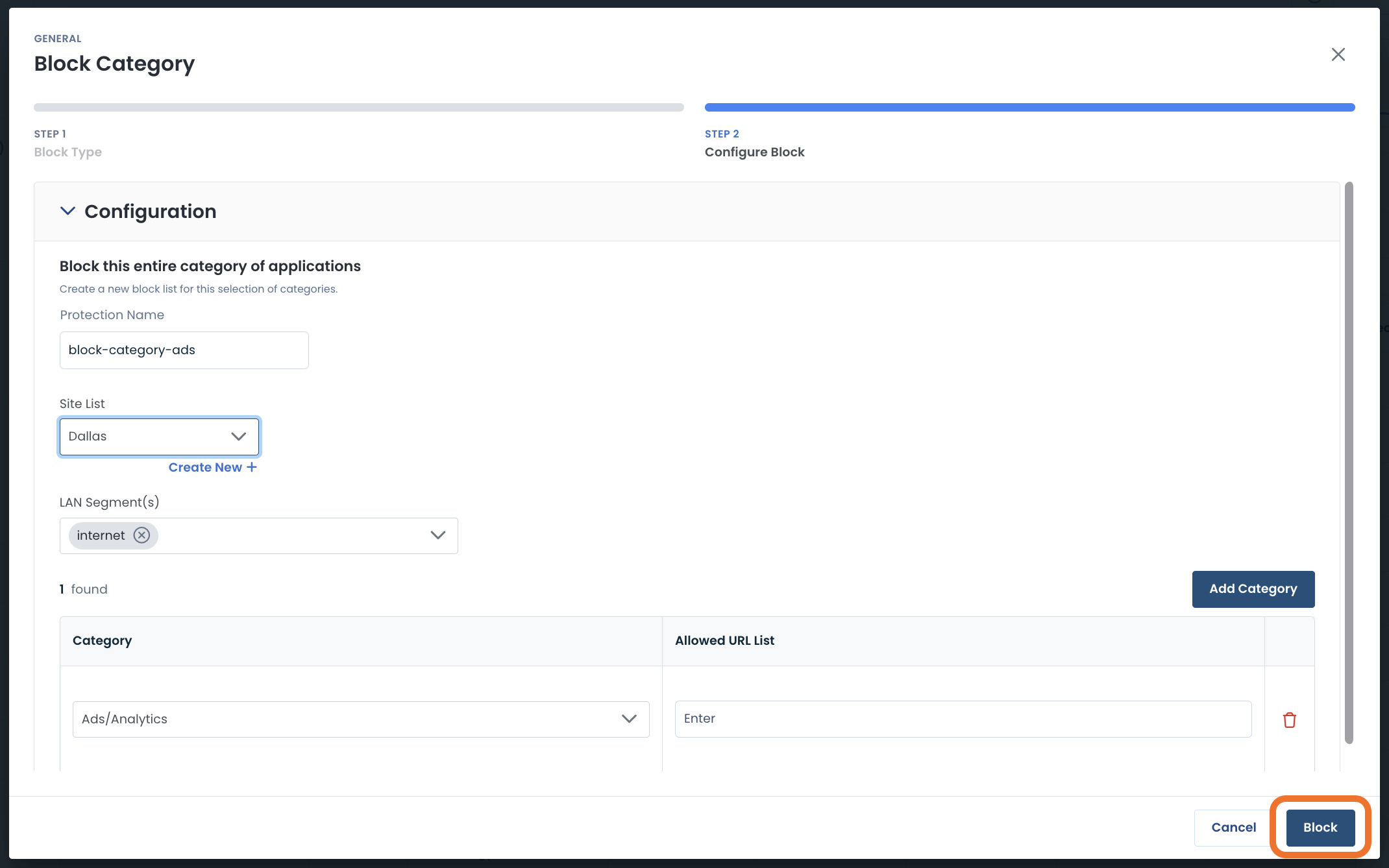 Configuration settings for blocking a category of applications in a network.